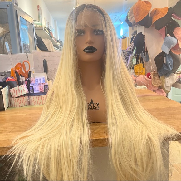 - human hair blend lace front platinum blonde wig. main image 9